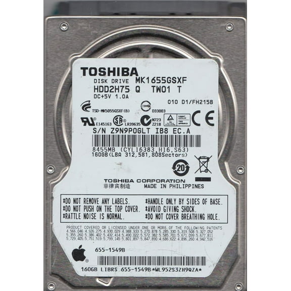 MK1655GSXF, D1/FH215B, HDD2H75 Q TW01 T, Toshiba 160GB SATA 2.5 Hard Drive
