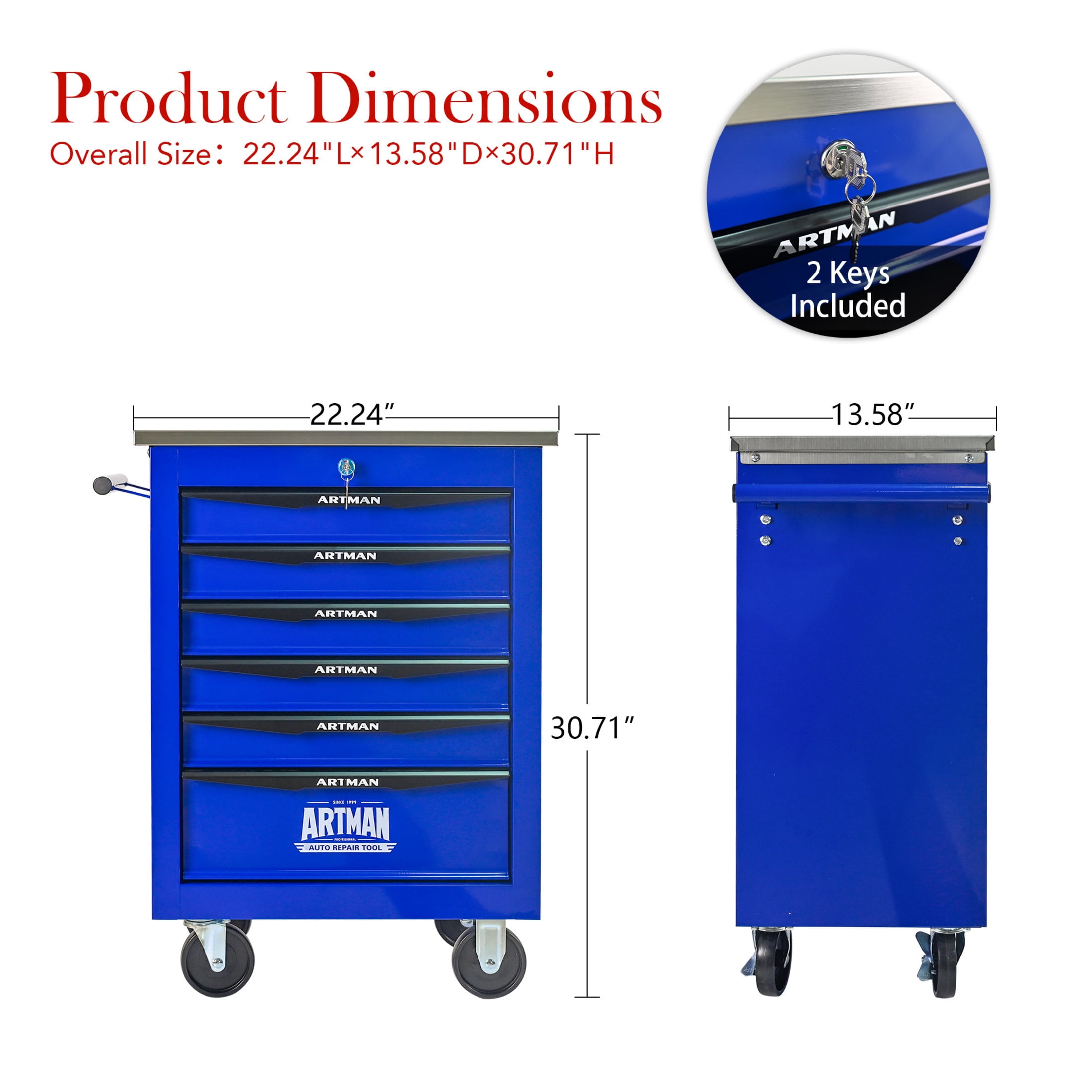 Noble House 6-Drawer Rolling Tool Organizer Cart, Steel Mobile Chest Storage with Worktop for Garage Workshop, Blue