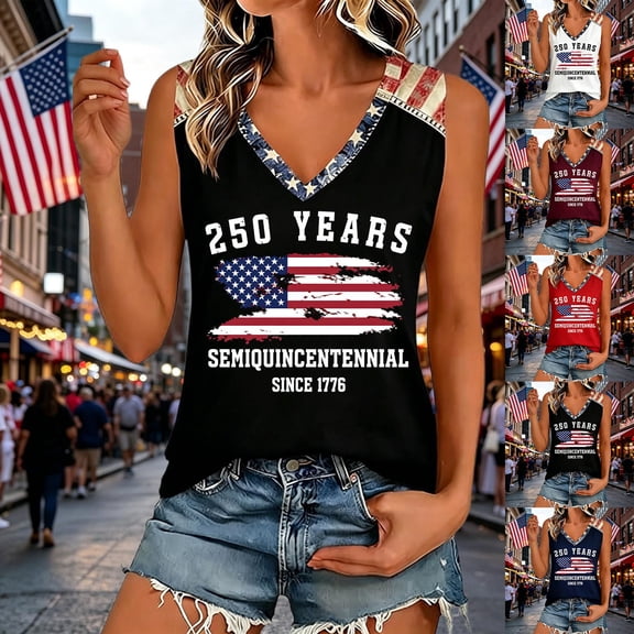 Womens Summer Tank Tops Independence Day Casual Print Sleeveless Summer Blouse America 250 Shirt Black L
