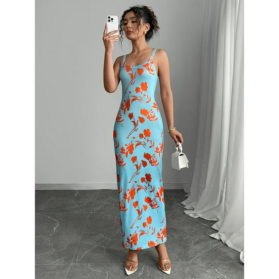 Women's Sleeveless Floral Print Maxi Dress,Bodycon with V-Neck, backless dress Casual Wear Spaghetti Strap Womenswear dress