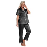 DAKIMOE Silk Satin Pajamas Set for Women Two-Piece Short Sleeve Shirt with Long Pajama Pant Set Soft Button Down Loungewear Nightwear Pjs Sleepwear for Women