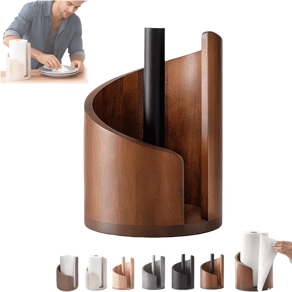 Wood Paper Towel Holder Countertop with Iron Stand for One Handed Tear in Kitchen Bath