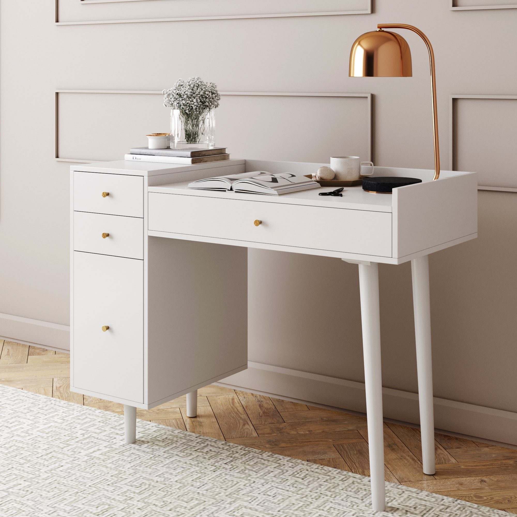 Nathan James Daisy White and Gold Makeup Desk with 4Drawers and Brass