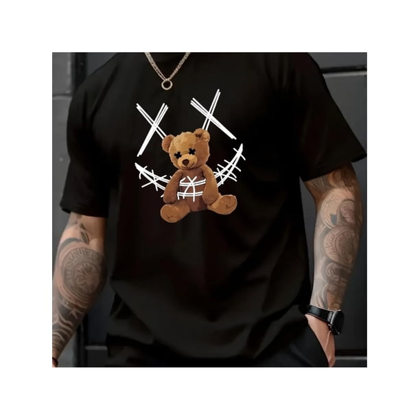 Men's Fashion Trend Pure Cotton Round Neck Casual T-Shirt Featuring a Playful Printed Bear Design for Modern Casual Wear