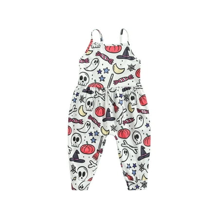

Calsunbaby Toddler Infant Baby Girls Halloween Sleeveless Jumpsuit Casual Loose Pumpkin Print Spaghetti Strap Romper