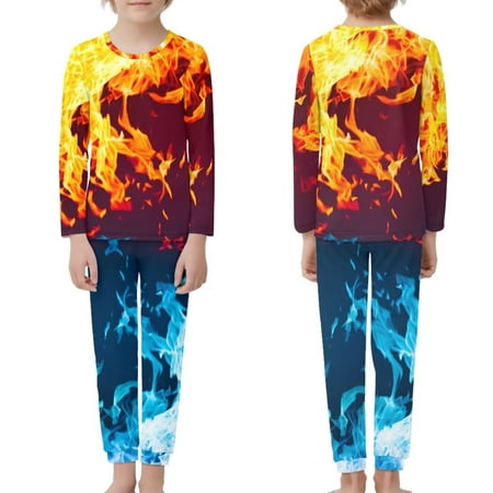 

NETILGEN 2 Pcs Flame Print Comfortable Scoop Neck Kid Pjs with 2 Side Pocket Elastic Stretchy Children Pj Set Trendy Pajamas for Teen Girls & Boys Fit 9-10Y