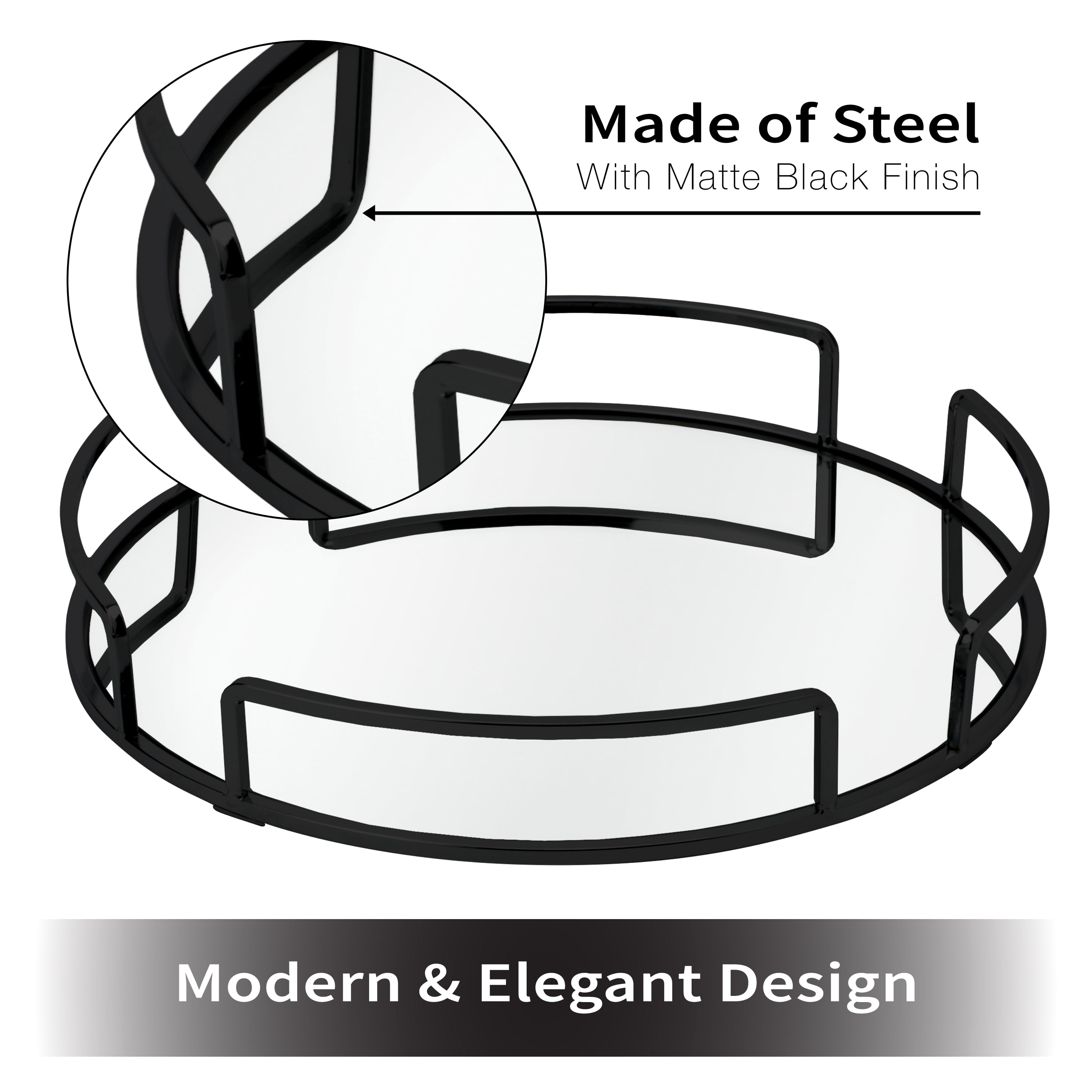 Home Details Modern Round Design Mirror Vanity Tray in Matte Black, 13" x 13" x 2.05"