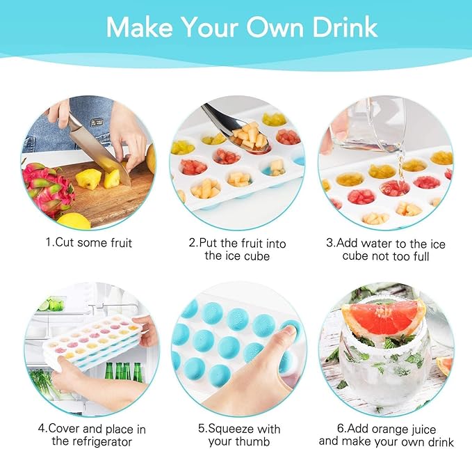 AVOKA 2 pcs 21 Cavity Pop Up Ice Cube Trays for Freezer with Lid with Easy Release Flexible Silicone Bottom, Stackable, 100% BPA Free, Cocktail (2 pcs)