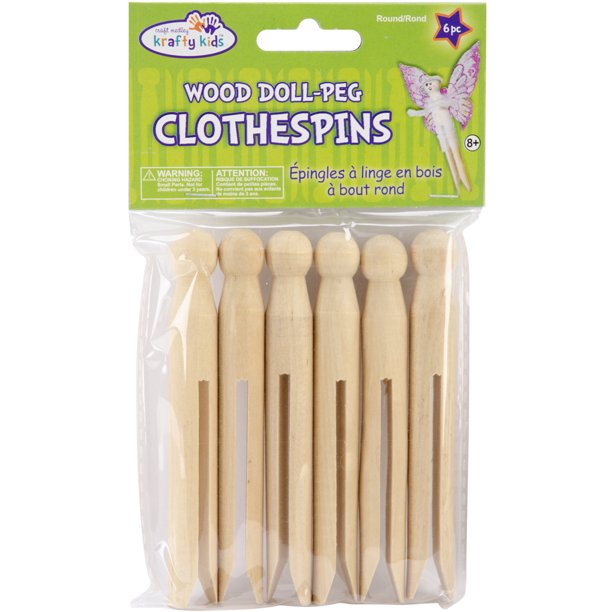 Wood DollPeg Clothespins RoundNatural 4.25" 6/Pkg