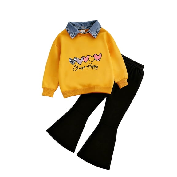 QGJZVUNL Girls Fashion Fall Winter Outfits Long Sleeve Cartoon Print Top Flared Pants Casual Toddler Clothes for Kids Size 4-5 Years