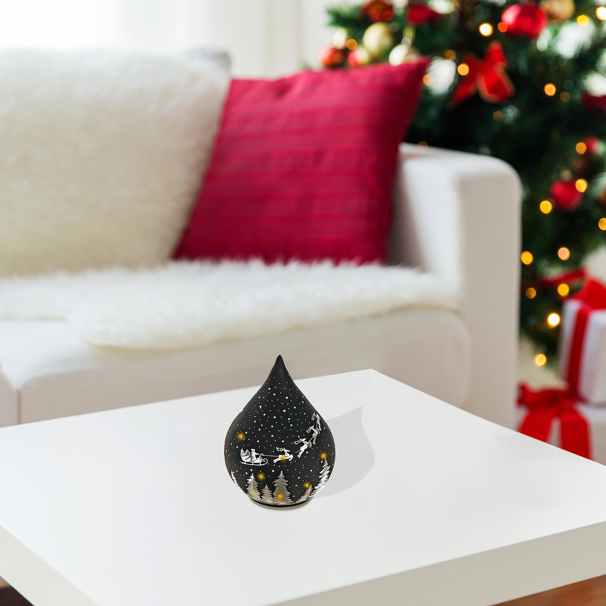 Led Teardrop Glass Stand (Santa On A Sleigh) (Black) - Set of 2