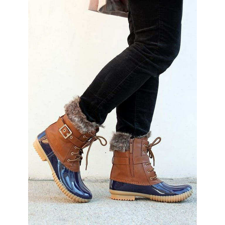Nature Breeze Faux Shearling Lace Up Women s Duck Boots in Blue Tan Size 6.5