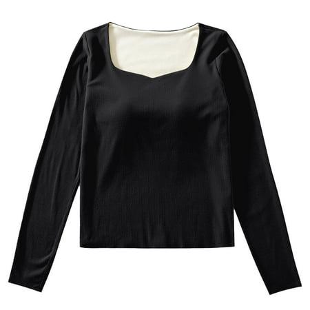 RMGVDSD Womens Casual Tee Tops Ladies  V Neck Warm Long Sleeve Slim Top With Chest Pad Seamless Underwear With Sanding Bottoming Shirt Casual Tees Blouse