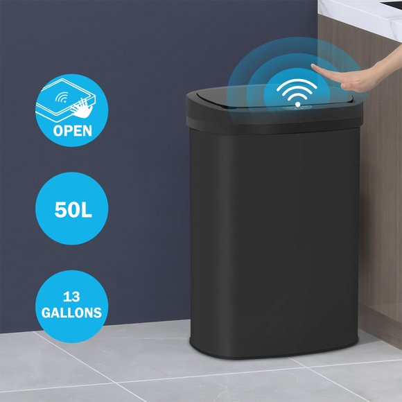 13 Gallon Kitchen Trash Can Automatic Stainless-Steel Garbage Can with Touch-Free & Motion Sensor, Anti-Fingerprint Mute Designed Brushed Trash Bin , Black