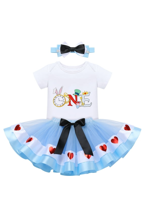Baby Girls 1st Birthday Outfit Princess One Cosplay Character Romper Tutu Dress Headband Party Clothes for Photo Shoot 1 Year Blue - Alice One