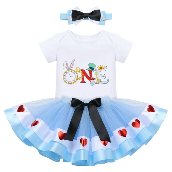 IBTOM CASTLE Baby Girls 1st Birthday Outfit Princess One Cosplay Character Romper Tutu Dress Headband Party Clothes for Photo Shoot 1 Year Blue - Alice One