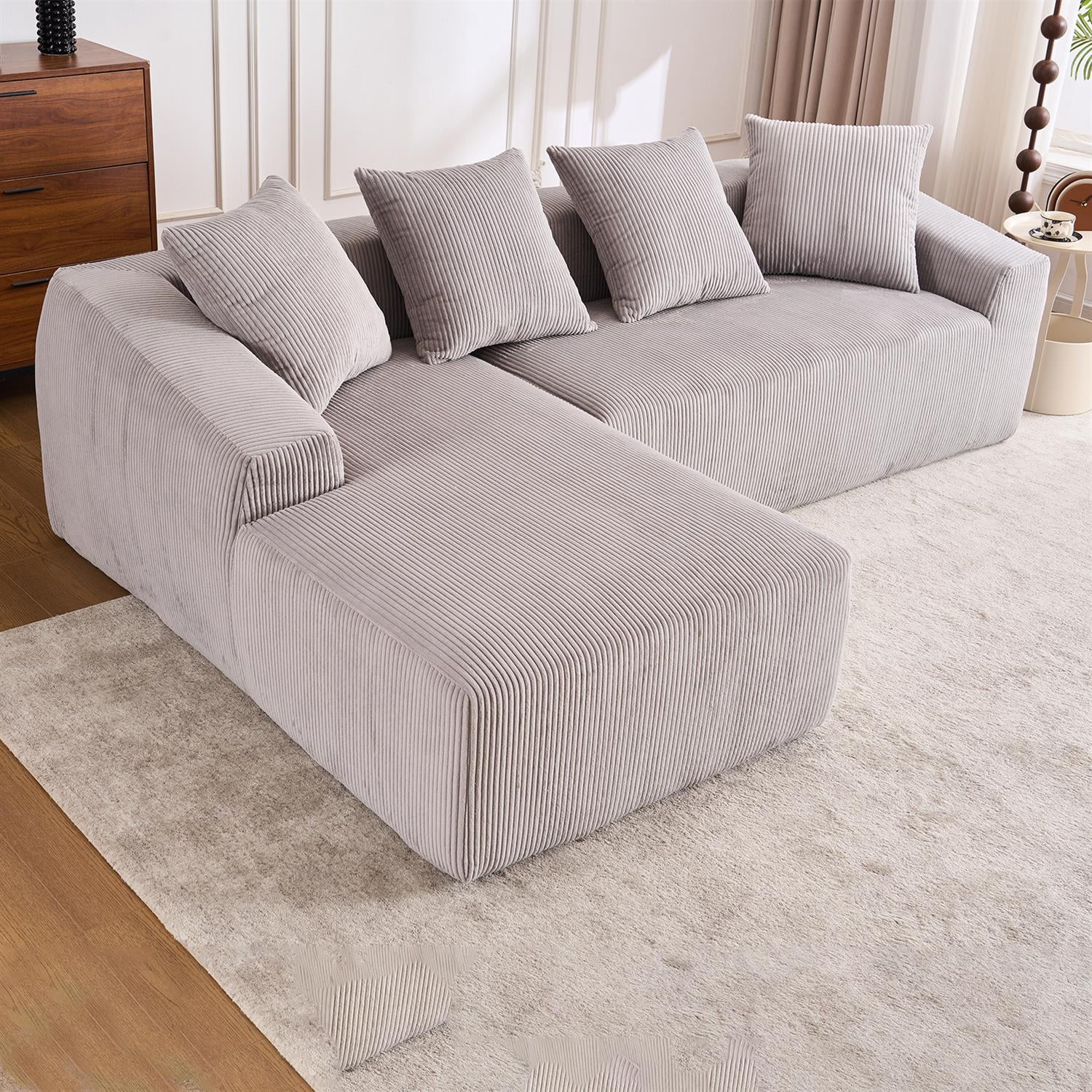 Demi Bonn 101" Corduroy Compression Sofa with Chaise Lounge, 3-Seater Couch with Full Sponge Cushion & 4 Pillows, Ideal for Living Room, Light Gray