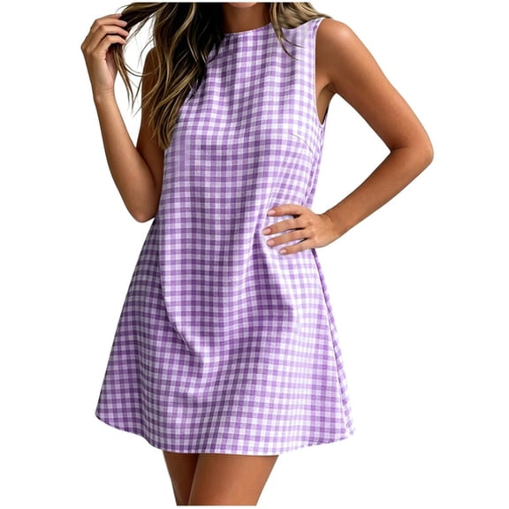 Efsteb Summer Dresses for Women Casual Sleeveless Plaid Mini Dress Crew Neck A-Line Swing Dress Comfy Lightweight Sundress for Everyday Wear (Purple,M)
