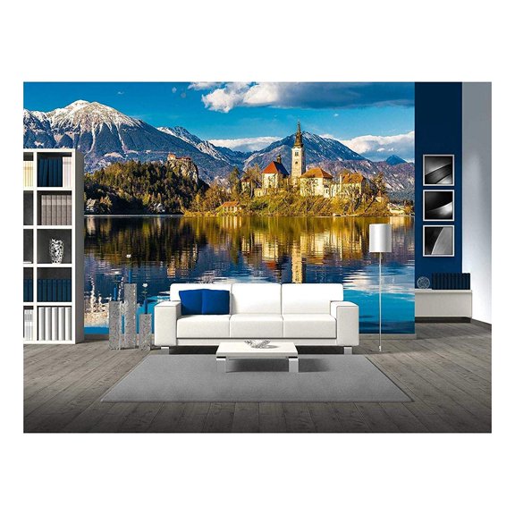 Wall26 Amazing View on Bled Lake, Island,Church and Castle - Removable Wall Mural | Self-Adhesive Large Wallpaper - 100x144 inches