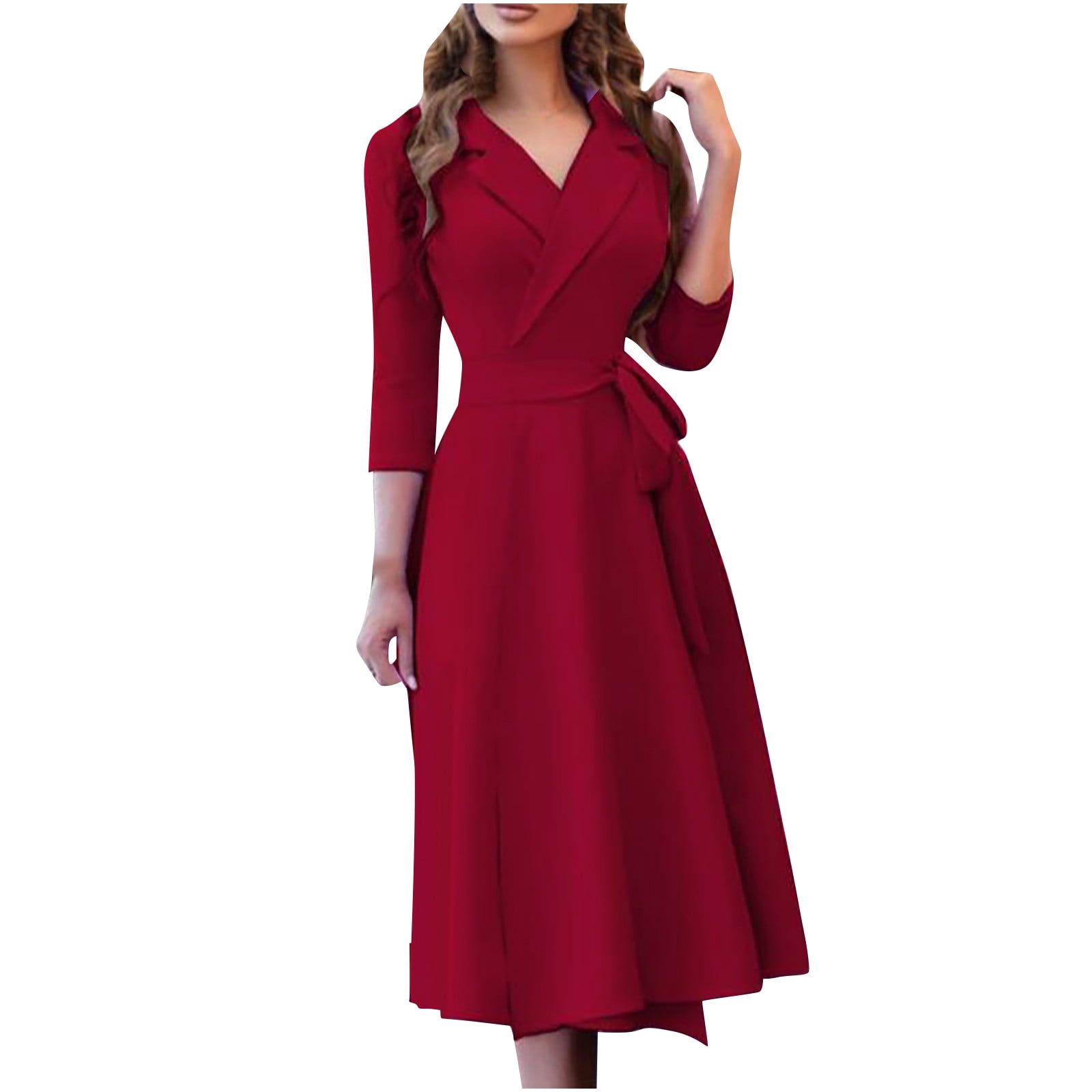 Blvb Women s Elegant 3 4 Sleeve Work Dresses Lapel V Neck Solid And Print High Waist A Line Swing Midi Dresses With Belt Other