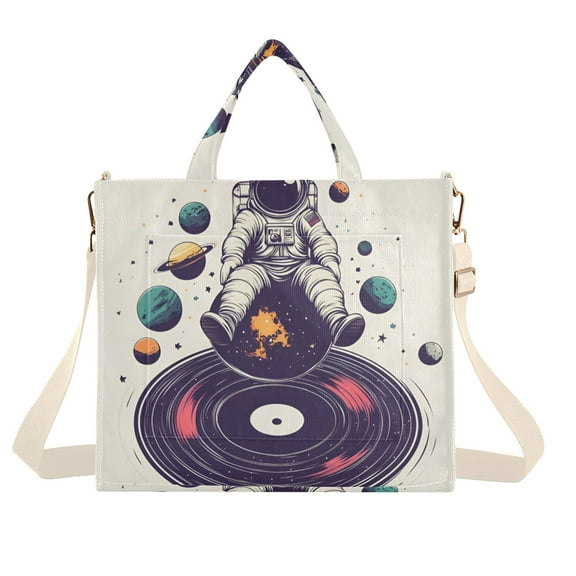 FORMRS Womens Corduroy Tote Bag Crossbody Shoulder Handbag with Pocket, Orange Astronaut Planet