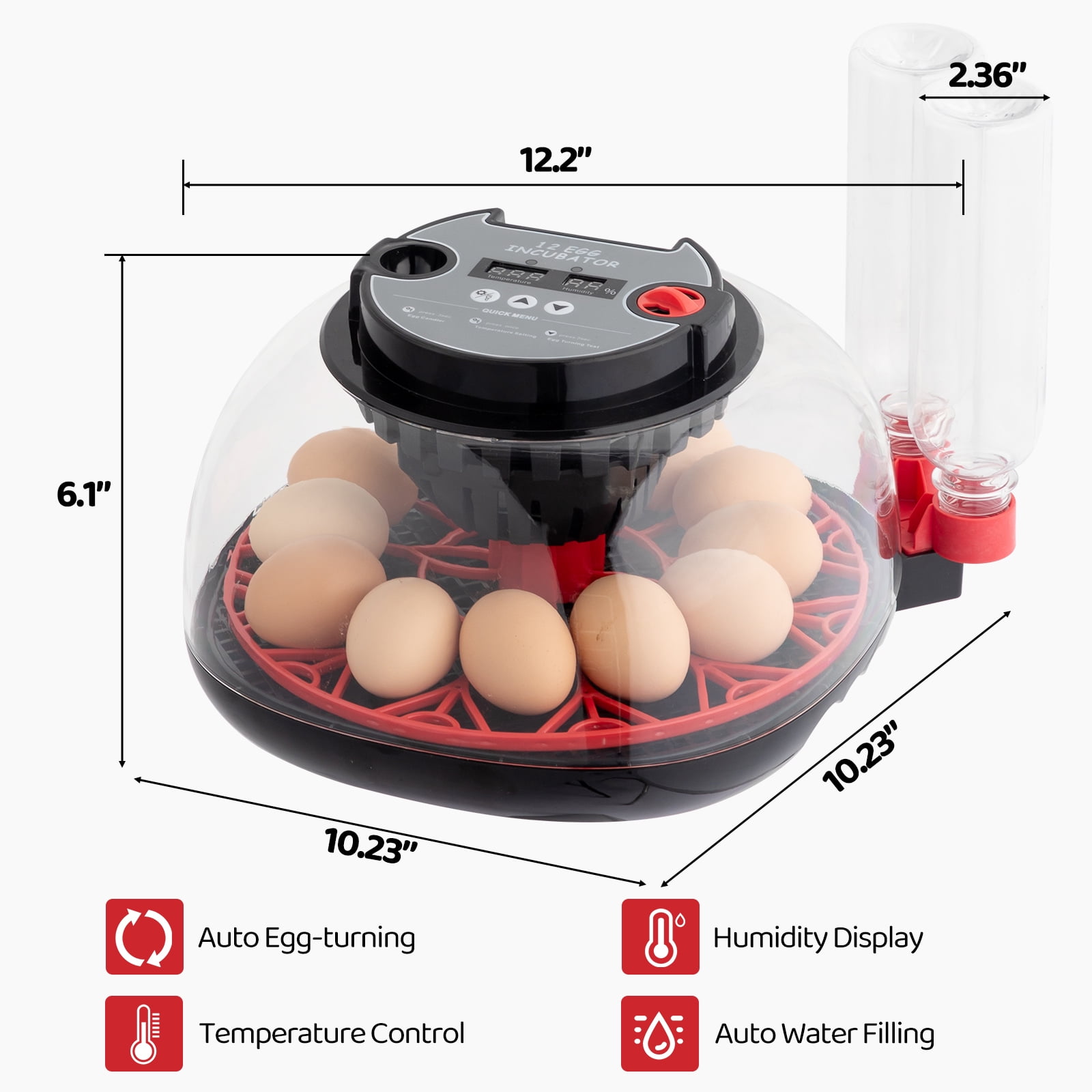 12 Eggs Incubator with Automatic Egg Turning, Temperature and Humidity Control,Auto Water Addition, LED Egg Candler, for Hatching Chickens, Ducks, Geese, Birds, Pigeons and Quail Eggs