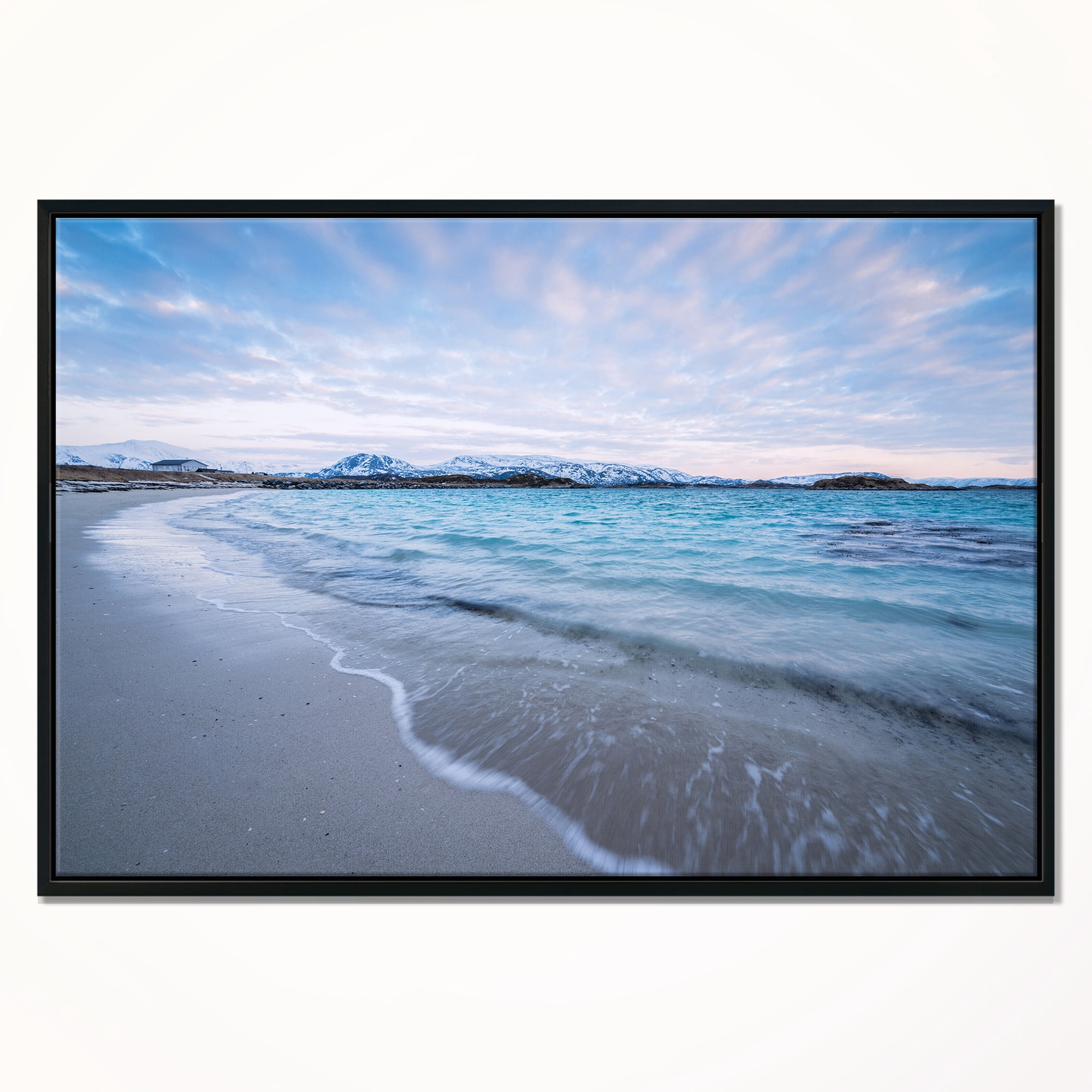 Designart ' Waves Splashing the Calm Seashore ' Modern Seascape Framed Canvas Artwork