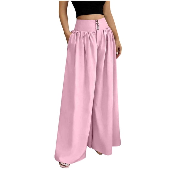 Women's Pleated Wide Leg Linen Palazzo Pants, Loose Summer High Waisted Chic Business Casual Trousers with Pockets