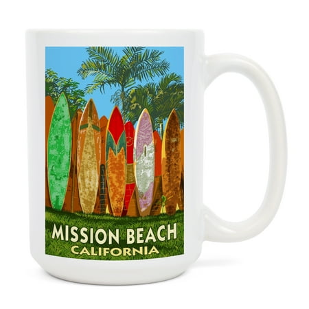 

15 fl oz Ceramic Mug Mission Beach California Surfboard Fence Dishwasher & Microwave Safe