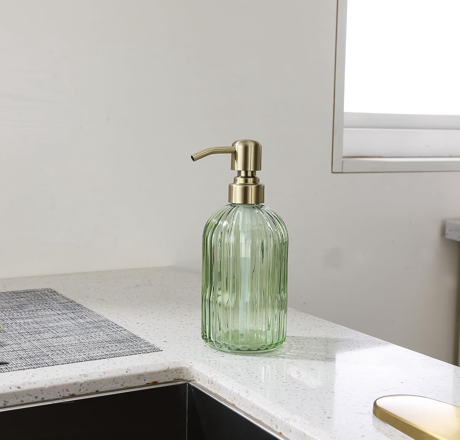 16Oz Green Glass Soap Dispenser with Rust Proof Stainless Steel Pump, Green Stripe Bathroom Hand Dish Lotion Dispensers with Brushed  Pump,Brushed  Glass Soap Dispenser