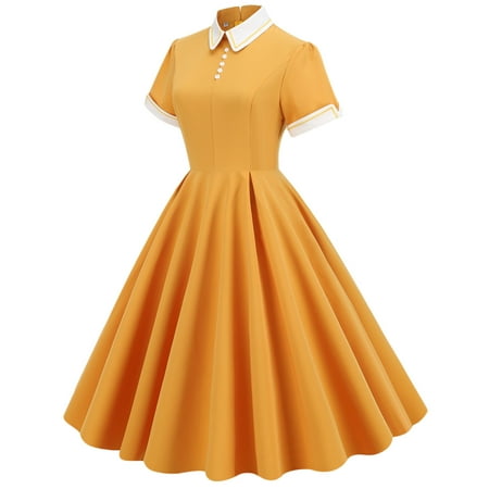 

Woman Solid Retro Tea Dress Short Sleeve Stand Collar High-waisted Pleated Swing Dress