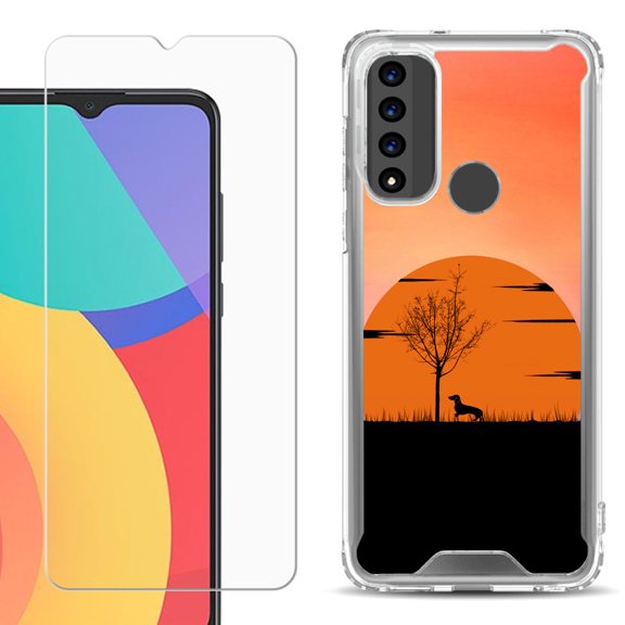 Shockproof Bumper Phone Case for TCL 20 XE, with Tempered Glass Screen Protector, by OneToughShield ® - Sunset Dachshund