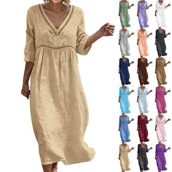 DYTTDG Women's V-Neck Cutout Trim Dress | 3/4 Sleeve Casual Summer Flowy A-Line Midi Dress, Pullover Swing Dress