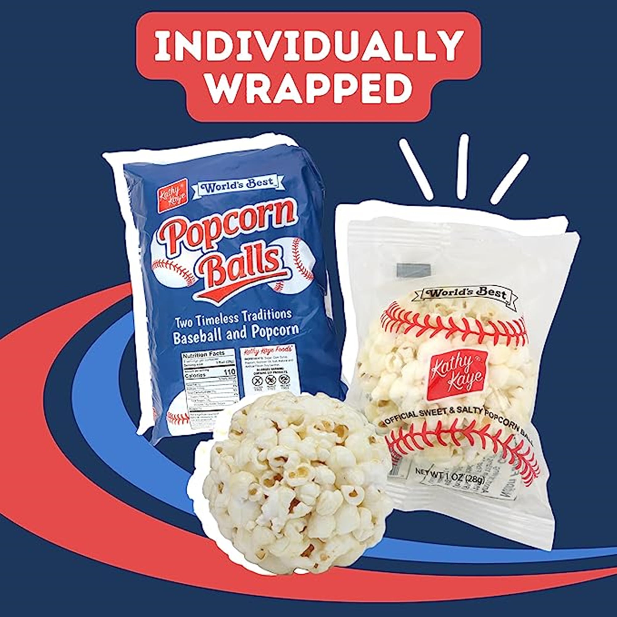 Baseball Popcorn Balls, Bulk Popcorn, 18 Count, 1 Ounce per Ball