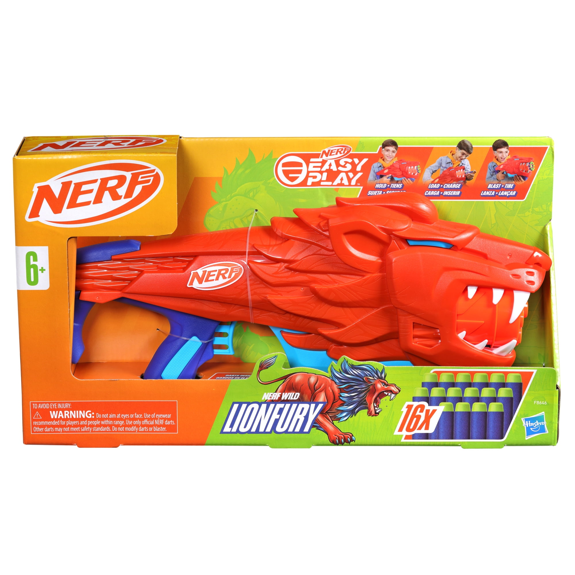 Nerf Wild Lionfury, Easy Play Dart Blaster with 16 Elite Darts, Ages 6 & Up Kids Toys for Outdoor Summer Games Ages 6 and Up