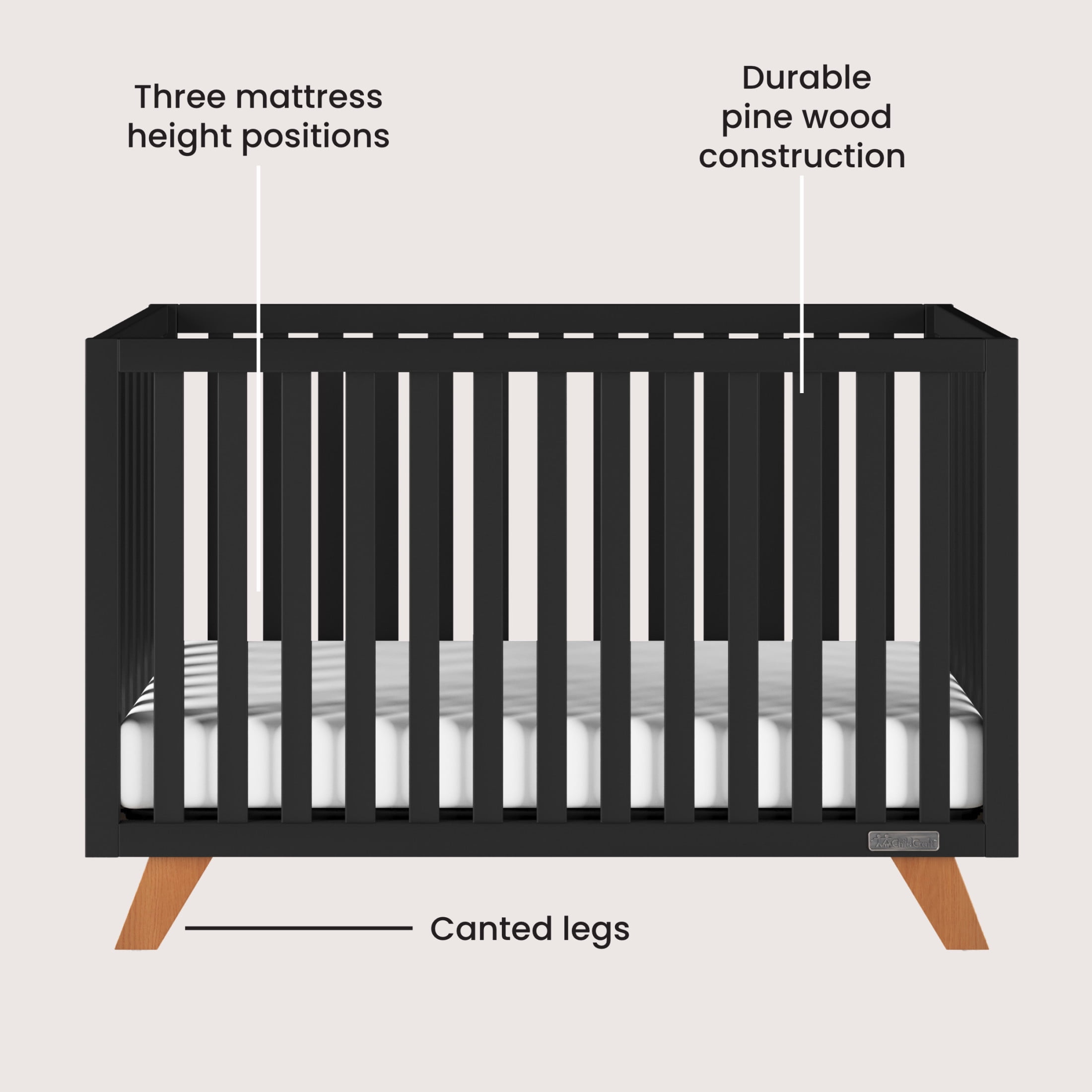 Child Craft SOHO Crib, Dresser & Chest Nursery Set, 4-in-1 Convertible Crib, Ebony, 3-Piece