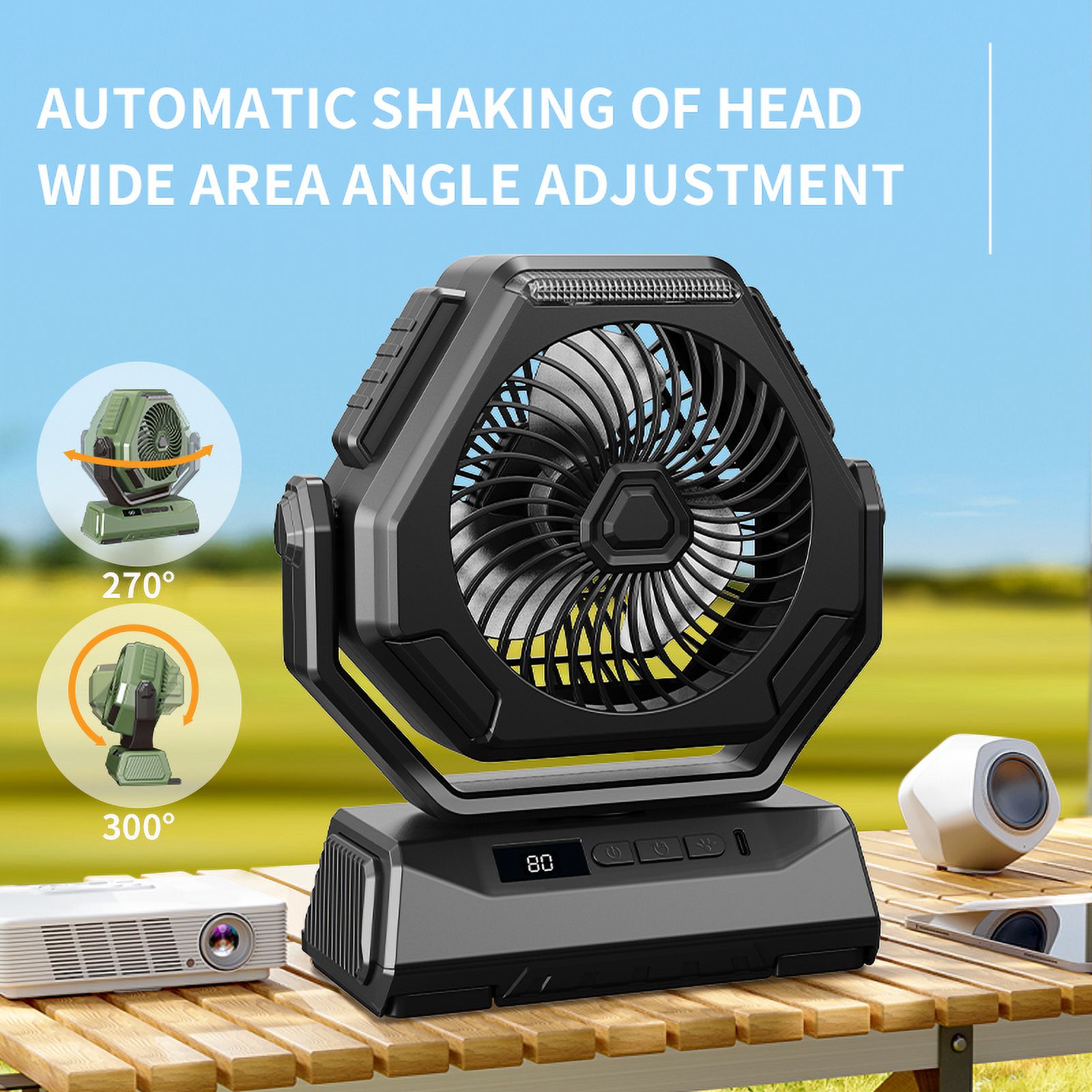 Rechargeable Portable Camping Fan with LED Lantern,Battery Powered Fan,Small Desk Cordless Fans with Hook,270 Head Rotation 3 Speeds USB Recharge Outdoor Fan for Tent Travel Canopy Beach