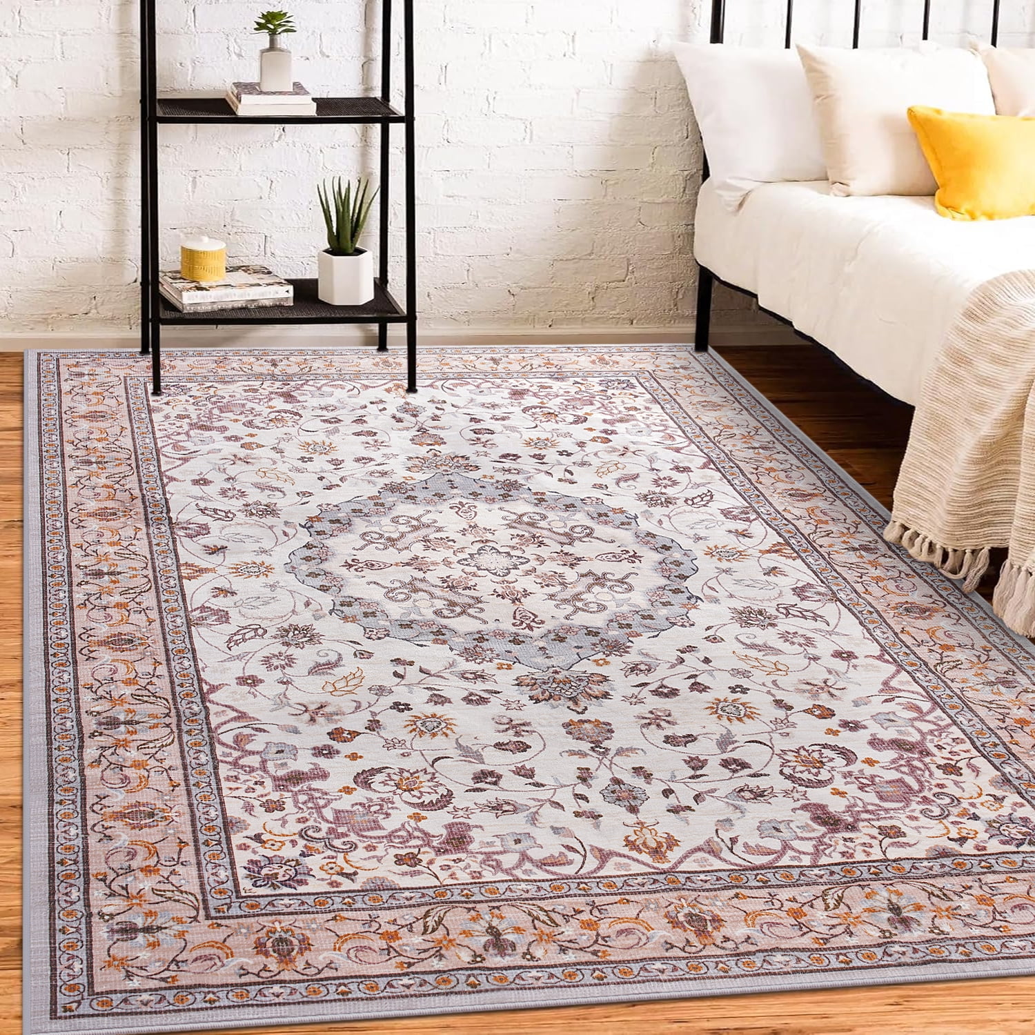 Jamfeel Area Rugs Vintage Floral Printed Washable Non-slip Carpets Foldable Thin Low Pile Rug for Living Room Bedroom 8'x10' Khaki