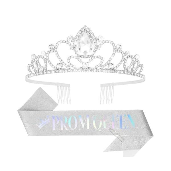 wonima44 Ondder Silver Prom Queen Sash Shiny Prom Queen Sash and Tiara Set for Women Girls Crystal Queen Crown for Quinceanera Halloween Prom Pageant Wedding Anniversary Birthday Party