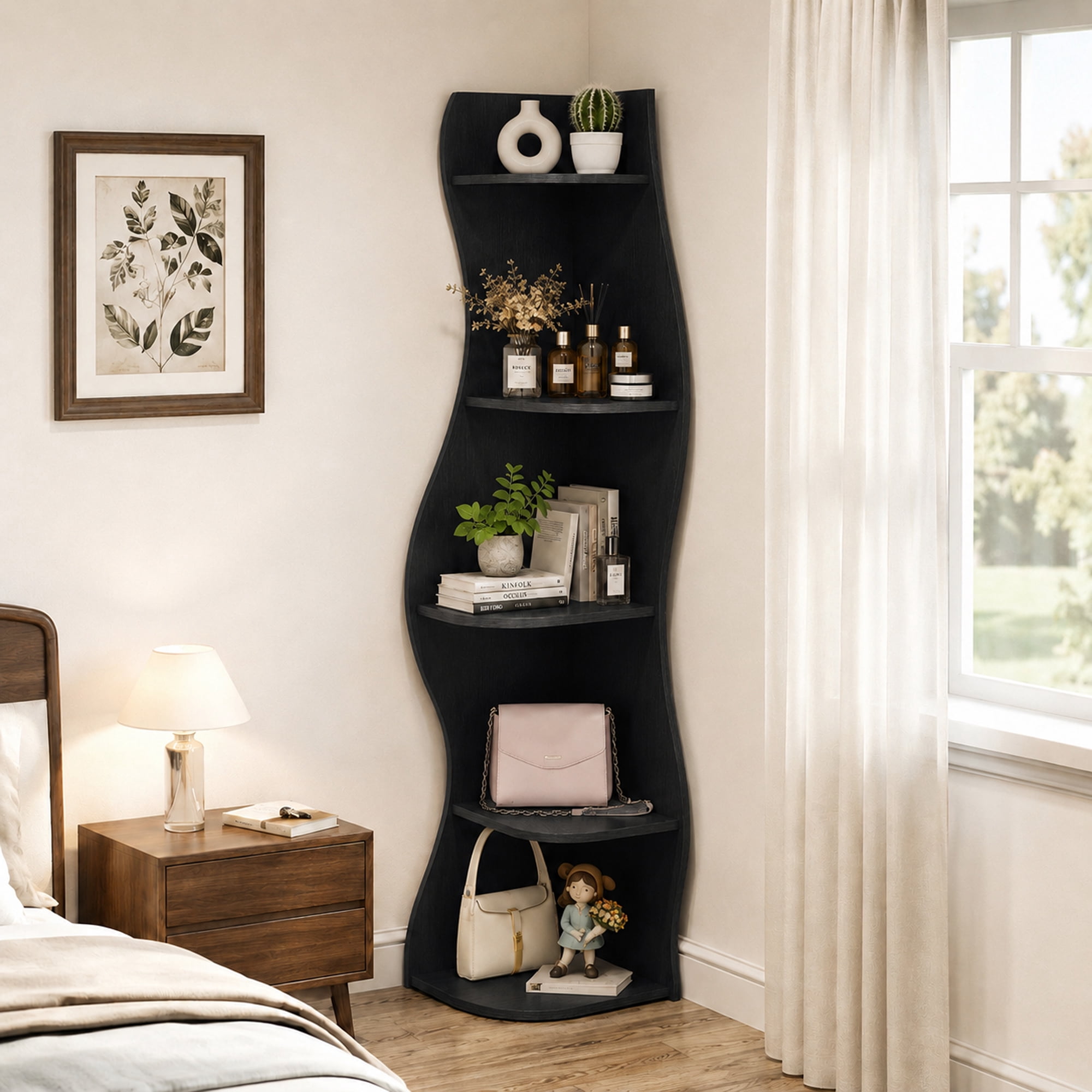 Leumius 5-Tier Bookshelf,Freestanding S-Shaped Corner Shelf Curved Display Rack,Space-Saving Corner Display Bookshelf/Plant Stand for Living Room Home Office,Black