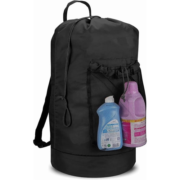 Laundry Bag with Shoulder Straps and Mesh Pocket, Black