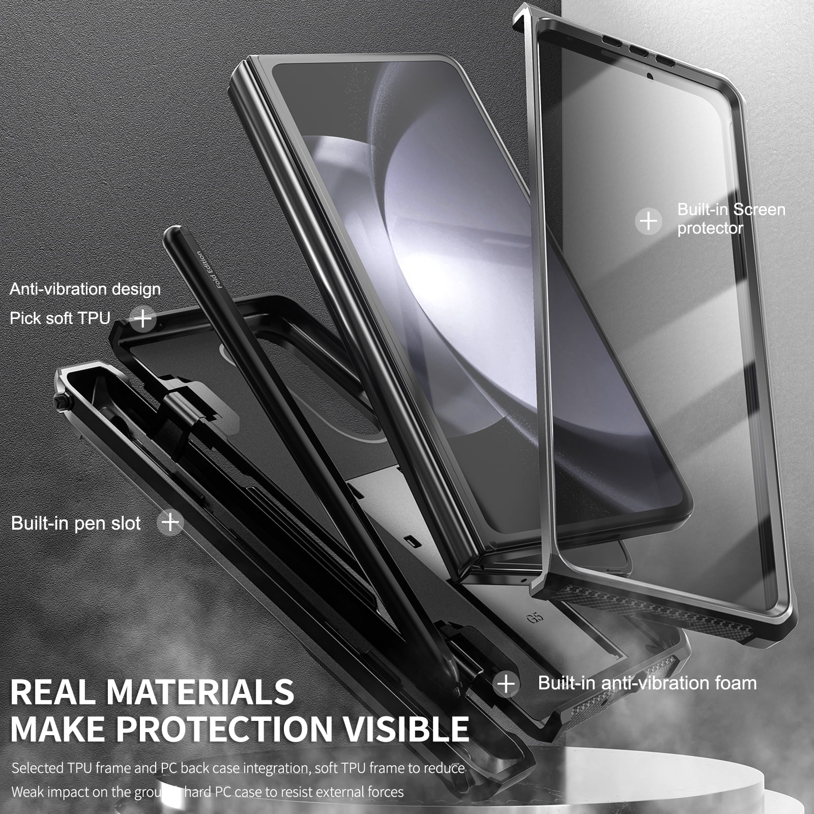 ELEHOLD Rugged Phone Case for Samsung Galaxy Z Fold 5 with Built-in Screen Protector Hidden Kickstand Pen Slot Heavy Duty Full Body Shockproof Case for Samsung Z Fold5 2023,Black