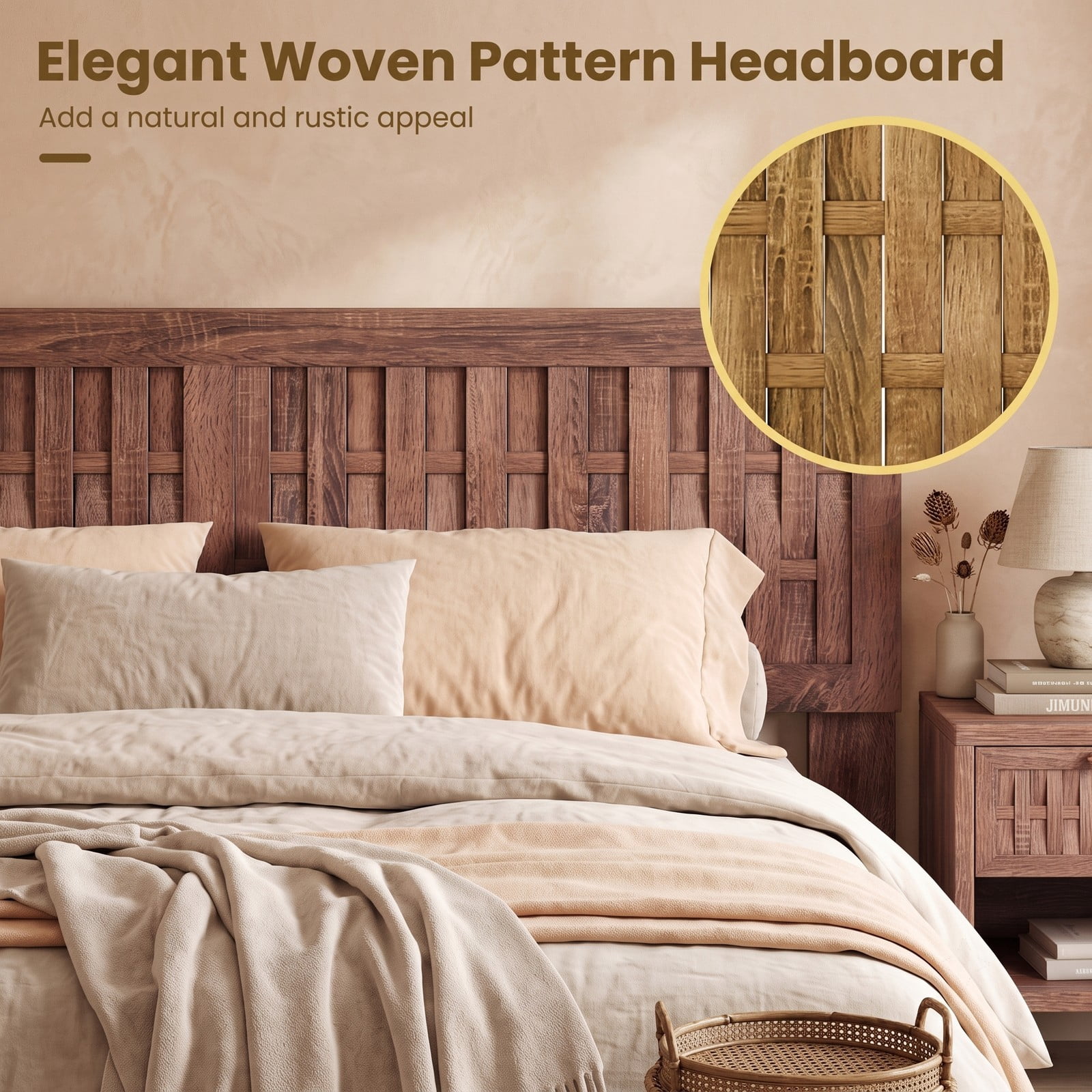 Furnibear Queen Size Mid Century Wood Platform Bed Frame with Woven Accent Headboard and Footboard for the Bedroom, Walnut