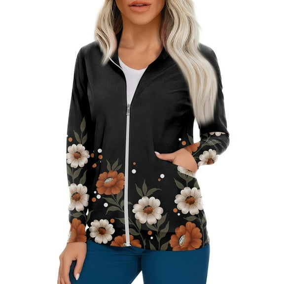 IYYVV Women's Ultra Soft Stretch Zip Up Scrub Jacket Floral Print Long Sleeve Scurbs Tops Black 3XL