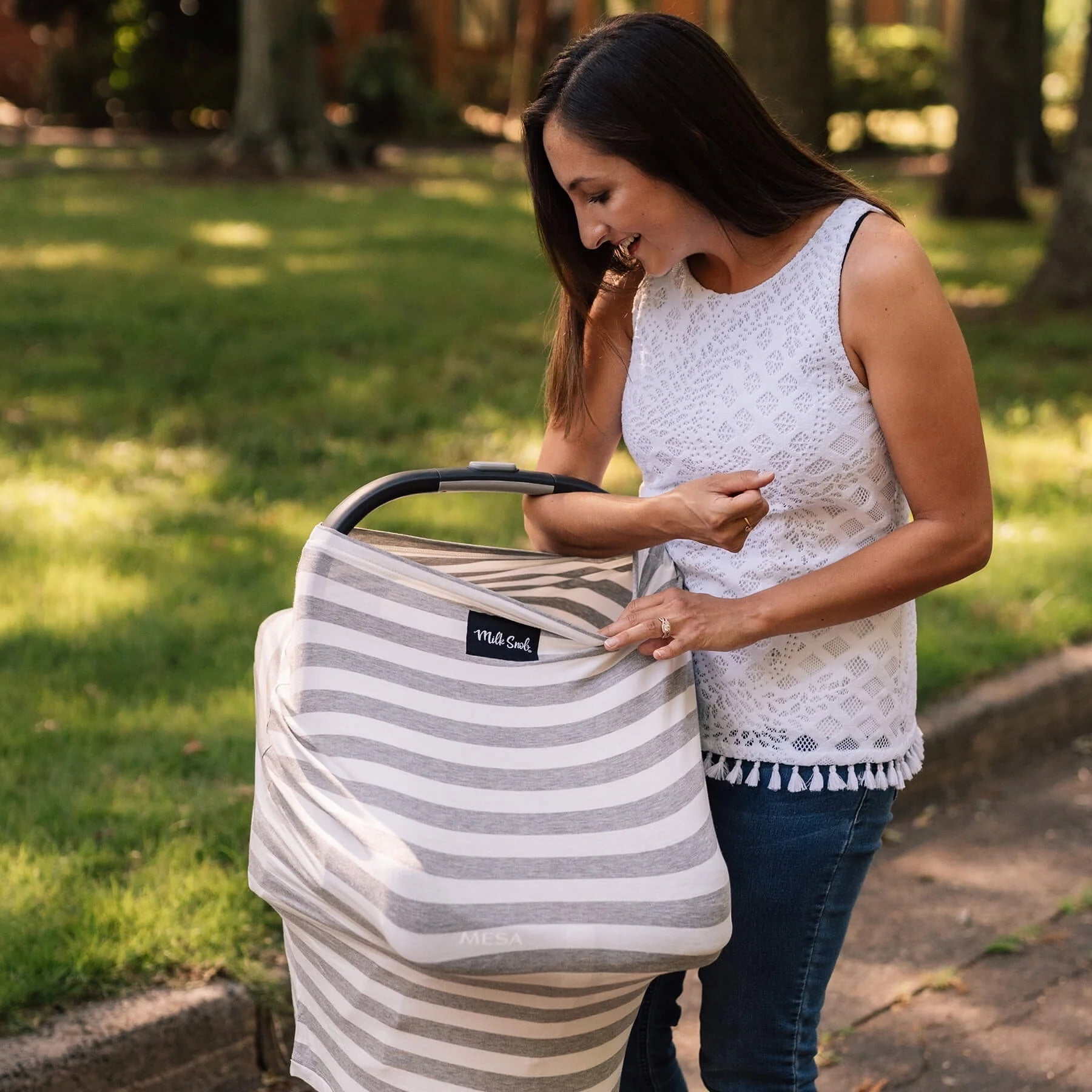 Open Box Cream and Grey Stripe 5-in-1 Nursing and Car Seat Cover