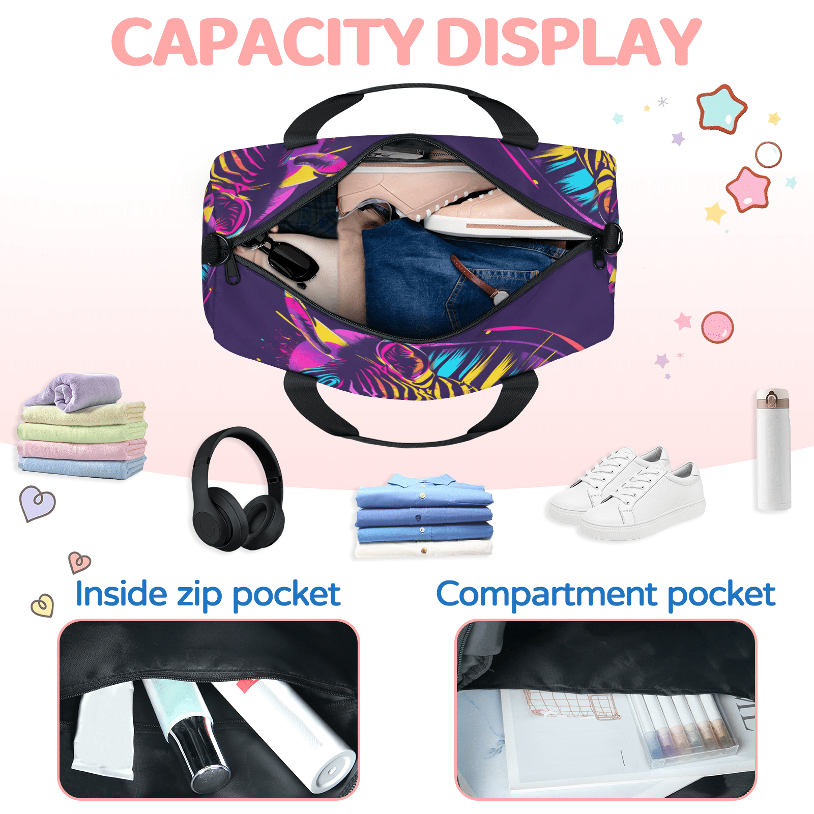 Herdesigns Zebra Travel Duffle Bag Sports Yoga Weekender Overnight Carry on Workout Bags Lightweight Waterproof Gym Tote Bag for Women
