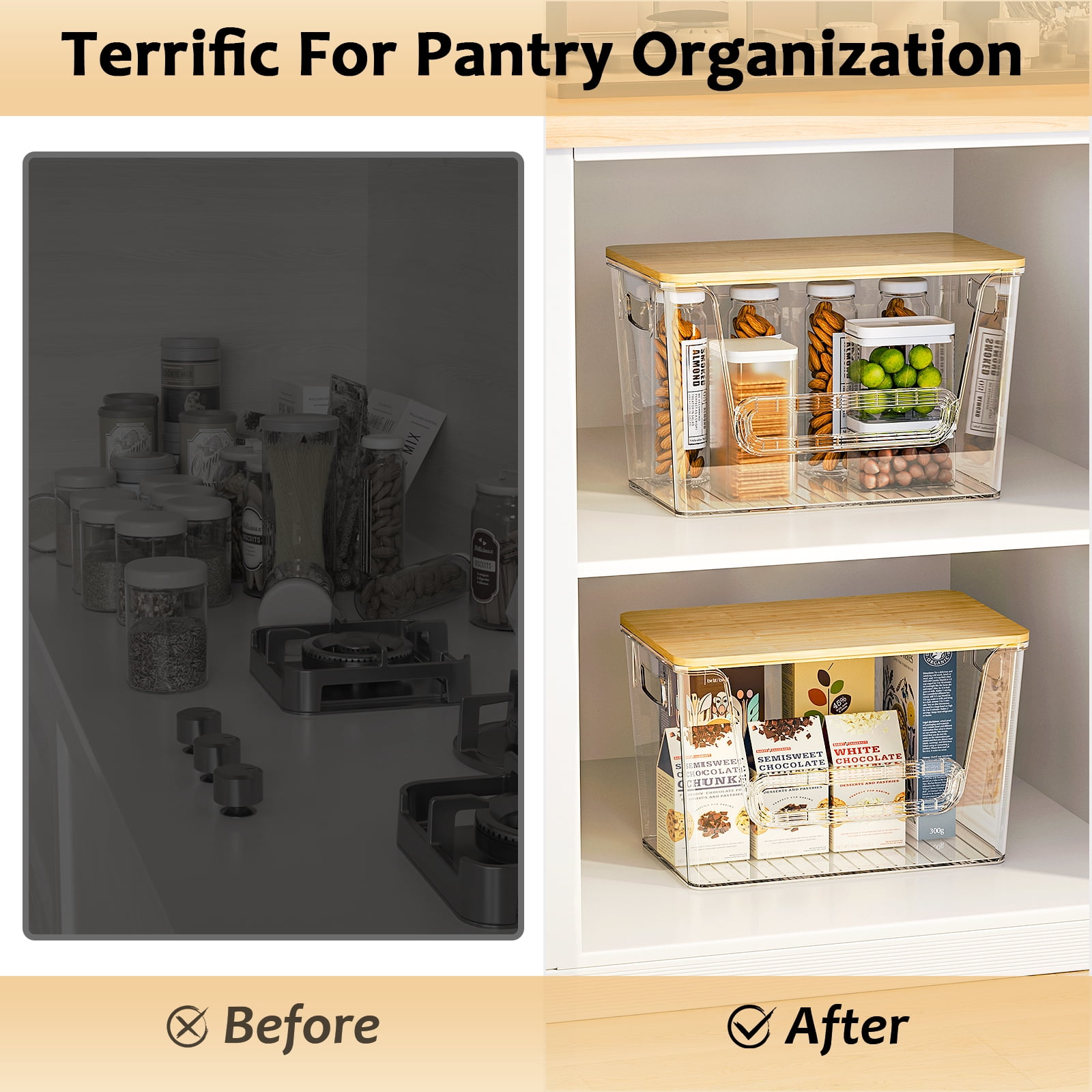 Potato Storage Bin, ORDORA Onion Holder Stackable Kitchen Pantry Organizer with Bamboo Lid 4 Pack, Clear