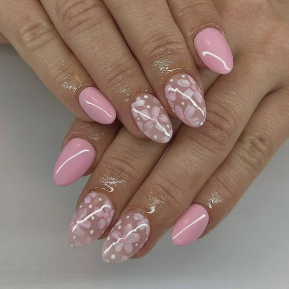 24Pcs Almond Flower Designs French Fake Nails Acrylic False Nails,Artificial Nails Glues on Nails Women