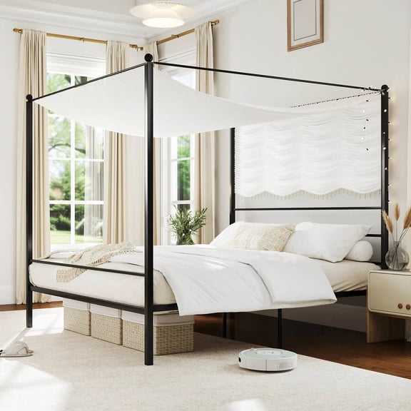 DRAZUNO King Metal Canopy Platform Bed Frame Mattress Foundation w/ Slat Support