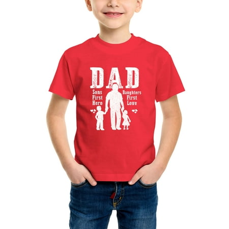 

Envmenst Funny Dad A Sons First Hero A Daughters First Love Daddy Papa Pops Boys Short Sleeve T-Shirt Kids Girl Cotton Unisex Tee